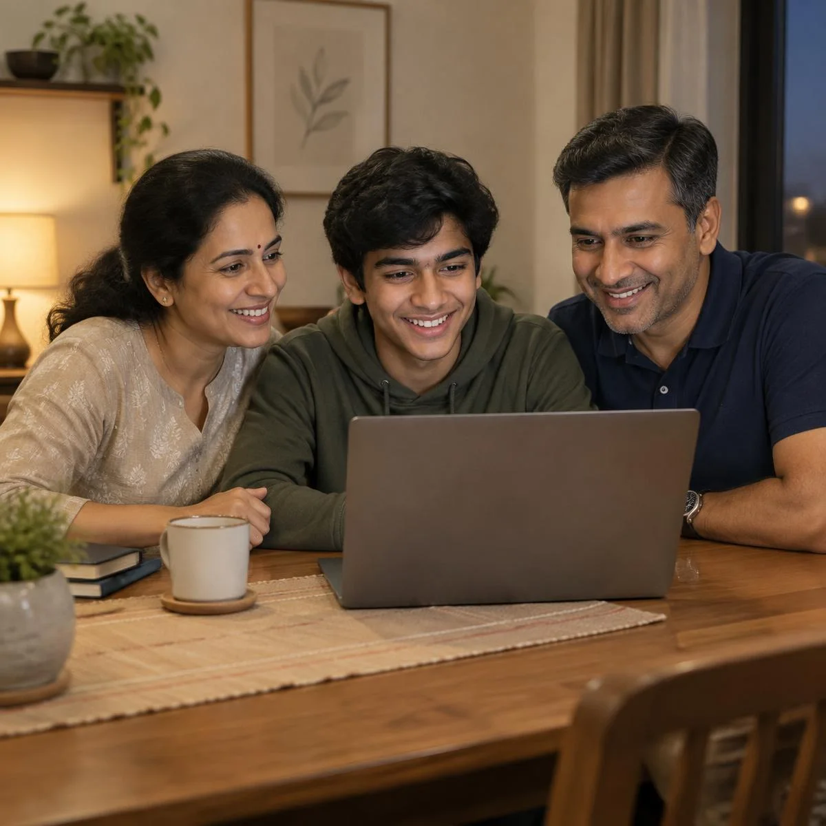 Indian parents and their son planning university applications on a laptop